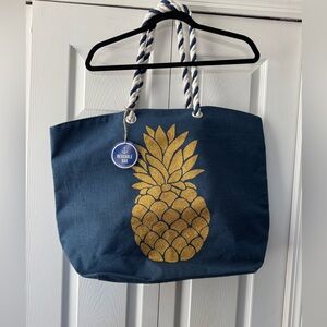 🌷 Navy Reusable Tote with Gold Glitter Pineapple NWT